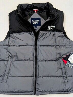 Reebok Men's Black Charcoal Colorblock Puffer Vest Logo NWT Size M Jacket